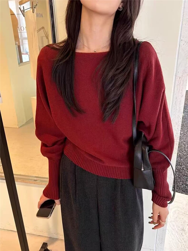 女士时尚潮流蝙蝠袖纯毛一字领套头毛衣,针织衫/毛衣,米咔羊绒