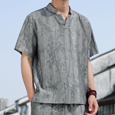2025夏新款风男装新中式唐装盘扣天丝提花短袖T恤C99-P65，男装T恤，电商B277(原6028)
