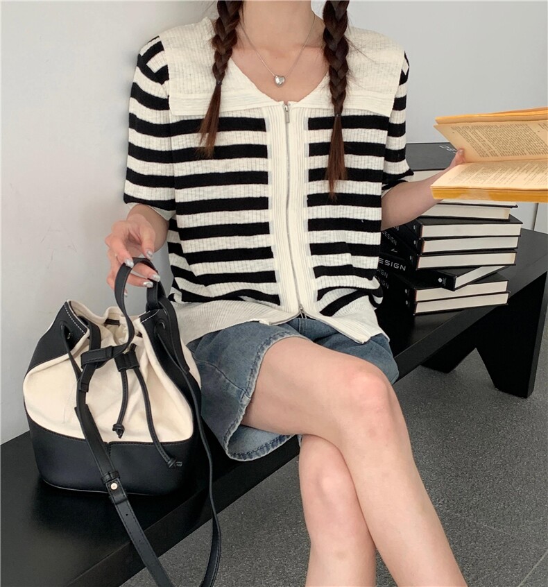 夏季新款简约条纹短袖针织衫女宽松休闲上衣,针织衫/毛衣,伟祺羊绒