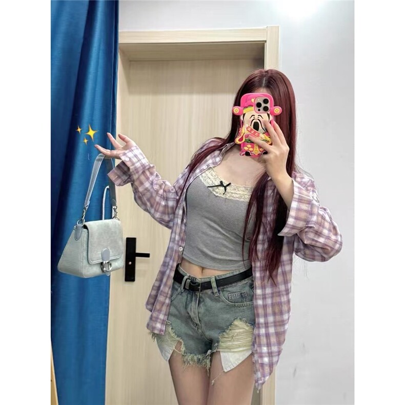 韩系慵懒印花透气薄外套女新款时尚紫色格子长袖衬衫,男装衬衫,星座1210-1