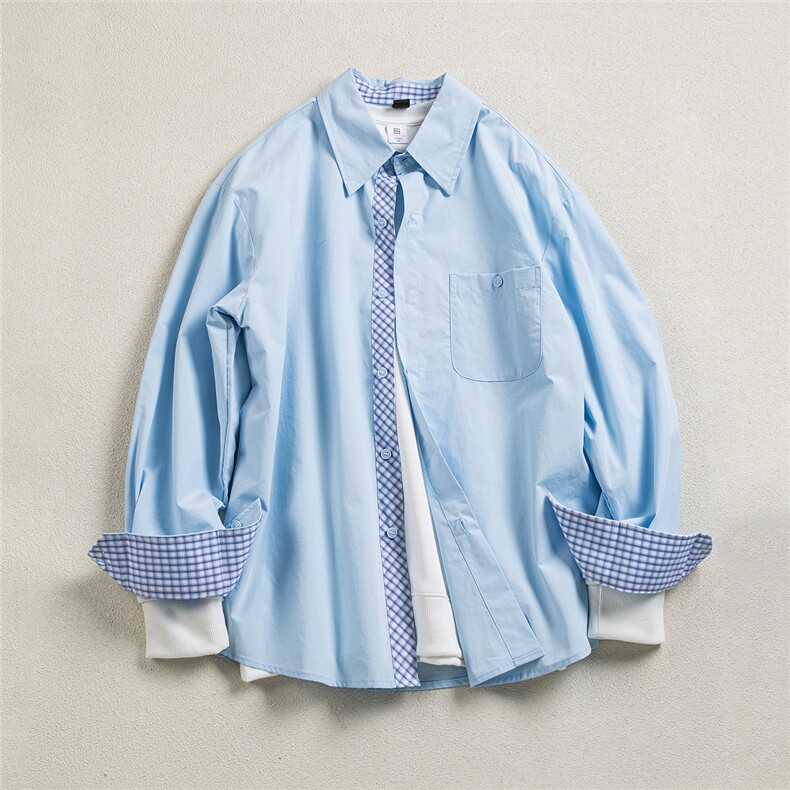 B413-1-DX6155高级感格纹拼色长袖衬衫男宽松休闲内搭情侣衬衣服，男装衬衫，电商B413-1