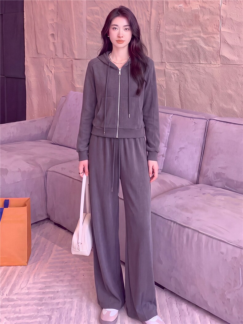 女春秋新款时尚慵懒风套装灰色拉链开衫连帽长袖外套阔腿裤两件套,女装套装/套裙,江南