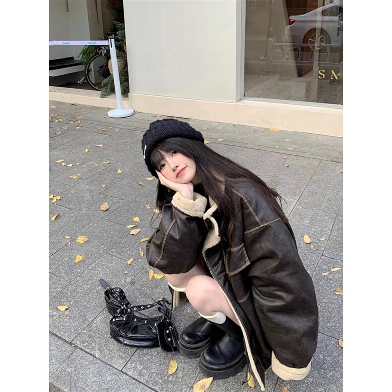 Cuitcuit秋冬pu面美拉德翻领皮夹克美式复古宽松加厚羊羔绒棉服,男装棉衣,星座506A