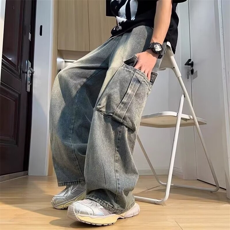 683日常水洗系绳常规日系大口袋工装牛仔裤男潮牌青少年直筒图片