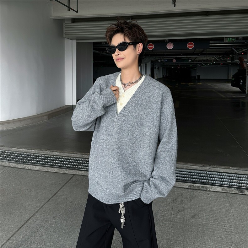 深灰色假两件V领毛衣男款秋冬美式覆古针织衫老钱风慵懒开衫外套,男装针织衫/毛衣,星座506A