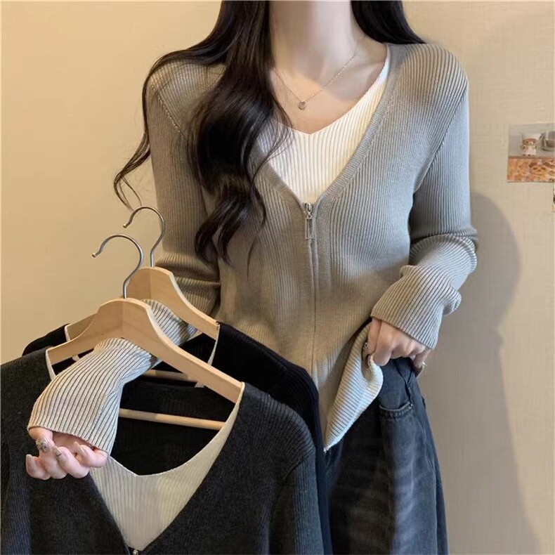 胖MM假两件针织开衫女2024年秋季装新款大码女装设计感内搭打底衫图片