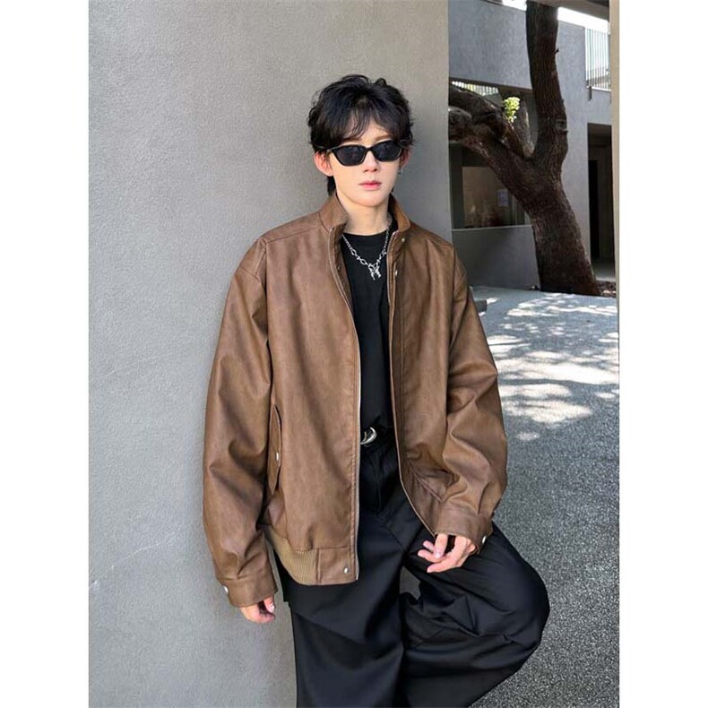 W85105P95控148扎染PU皮拼接个性皮衣夹克已出货,男装皮衣,电商B205