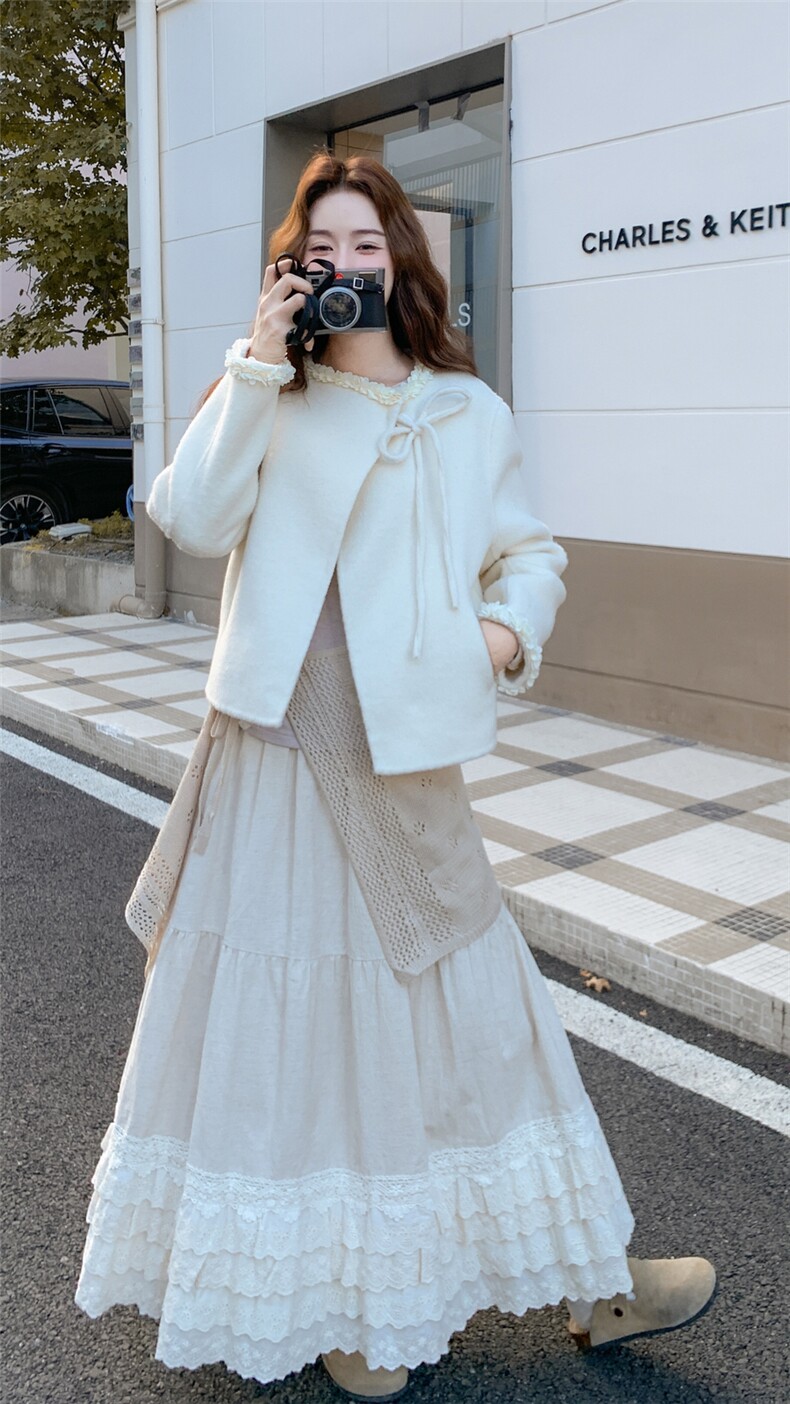 白色小香风花边双面呢羊毛大衣女秋冬季2025新款小个子毛呢短外套,女装羊绒大衣,2C230