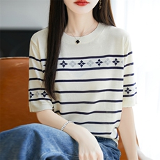 圆领小众气质百搭针织短袖T恤女2025夏季新款条纹拼色五分袖上衣，女装T恤，大美人高端店