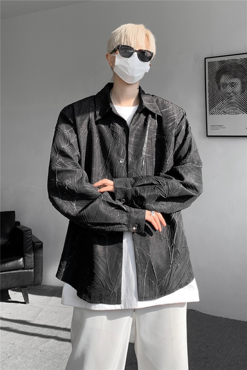 8XL-M小众解构肌理感裂纹垫肩花衬衫男高级感宽松衬衣男CS520P55,男装衬衫,电商D206-1