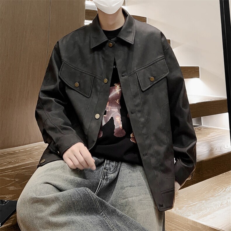 春季翻领皮夹克按扣男士休闲外套潮上衣机车青年A266-PY009-P100,男装夹克,电商A266