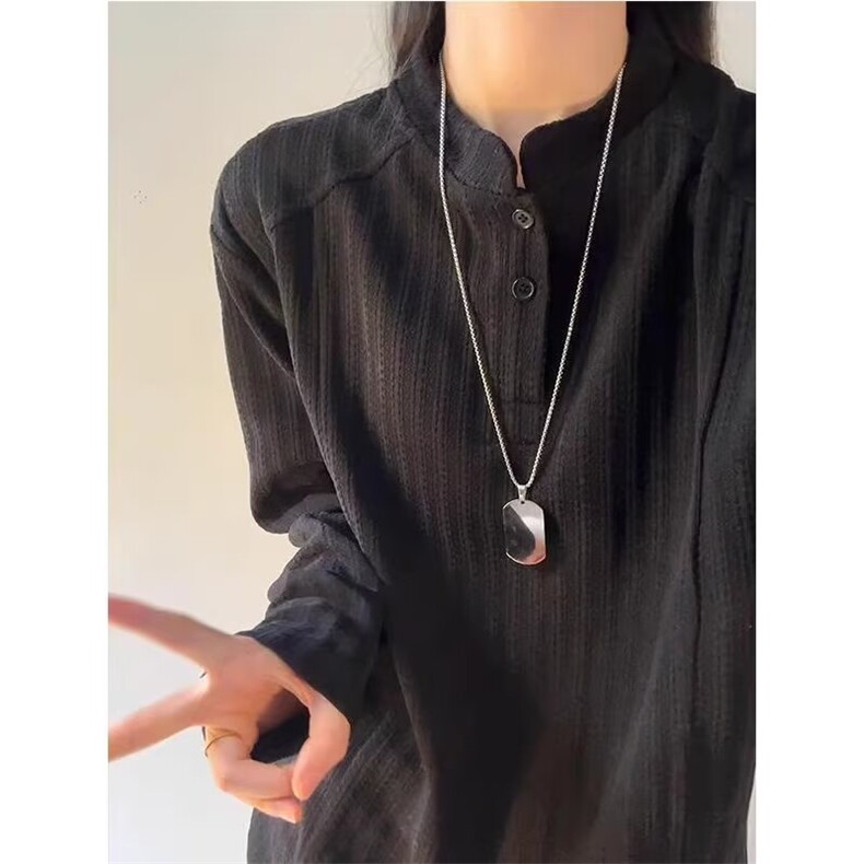 小香风鱼骨纹亨利领卫衣男女秋季美式重磅松弛感黑白条纹长袖T恤,男装T恤,星座506A