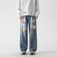 潮牌宽松直筒牛仔裤涂鸦漆点做旧水洗阔腿裤男拖地裤子AA219-P55，男装牛仔裤，星座208-5