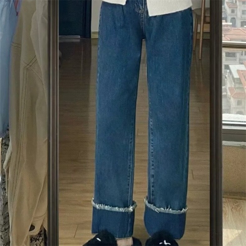 复古牛仔直筒裤女春秋款大码高腰宽松梨形身材显瘦撞色卷边阔腿裤，男装牛仔裤，星座1210-1