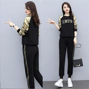 芷墨春秋装新款时尚简约撞色运动套装裤卫衣上衣两件套装，女装运动套装，芷墨服饰