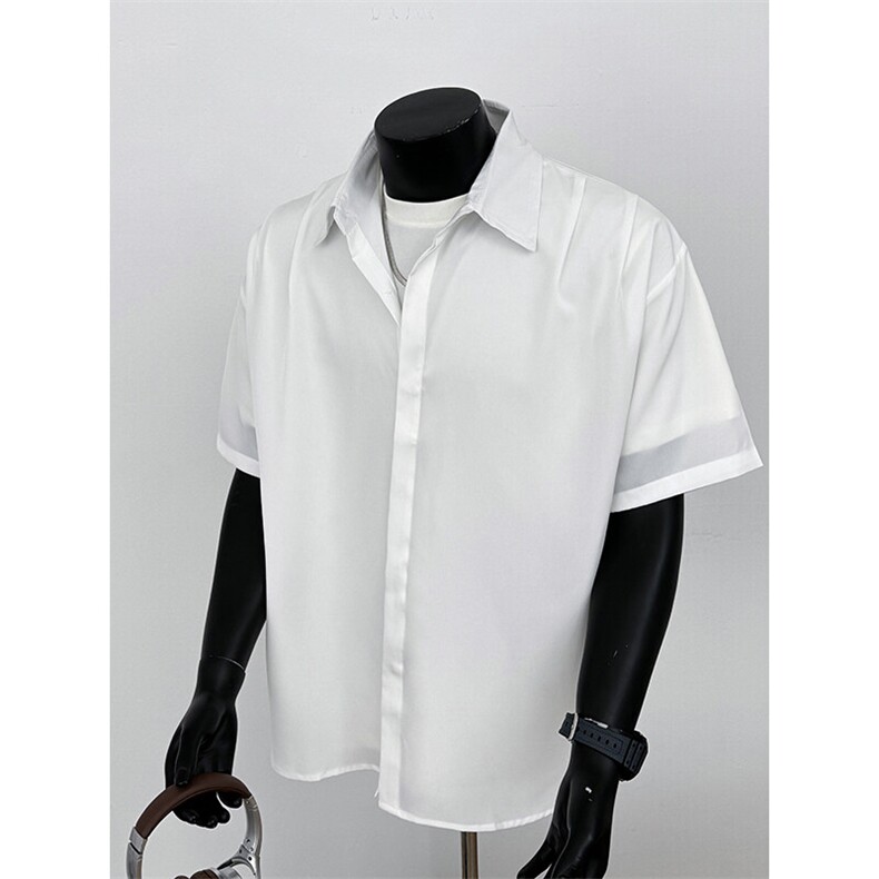 简约高级感衬衫短袖男夏季慵懒风冰丝T恤日系cleanfit大码上衣服,男装衬衫,电商基地A050