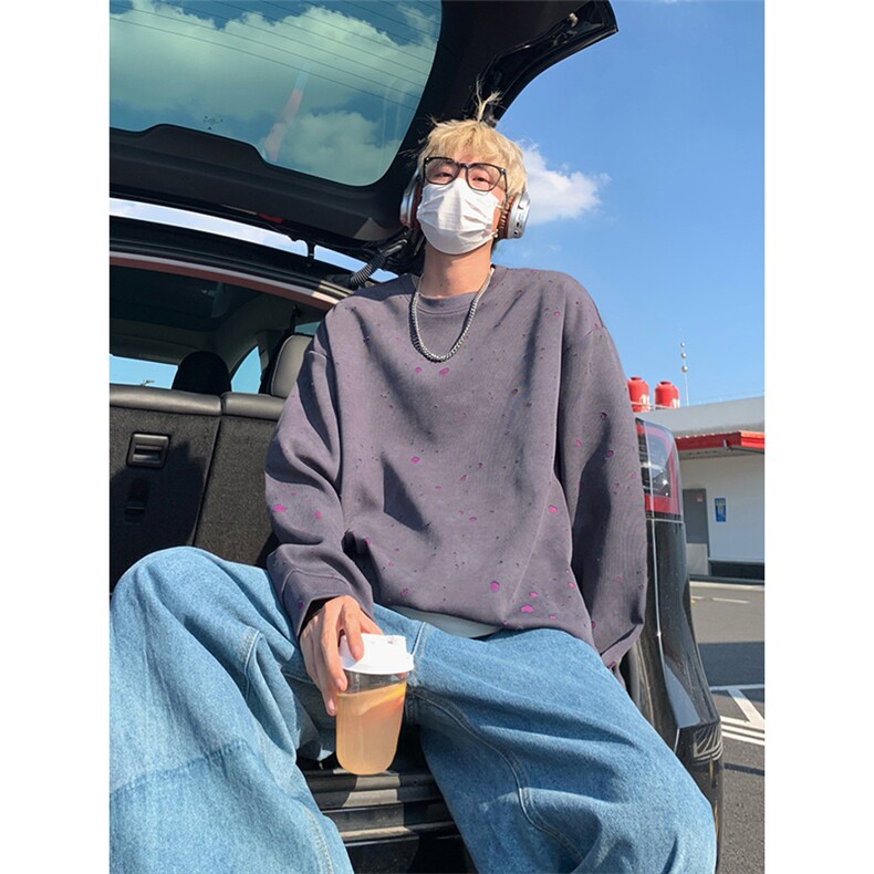 漆点长袖休闲宽松卫衣简约破洞圆领上衣男W4675-P48【特价】,男装卫衣,电商A007