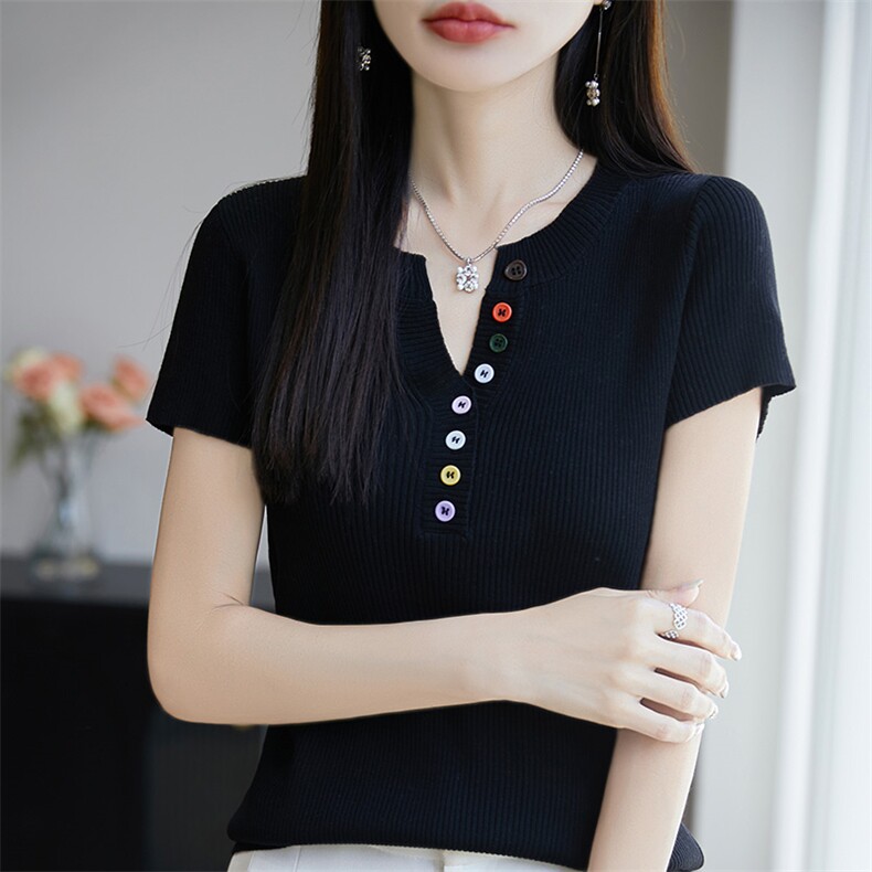2025彩色纽扣v领针织短袖T恤女夏日薄款多巴胺辣妹正肩体恤上衣,针织衫/毛衣,皓宇羊绒