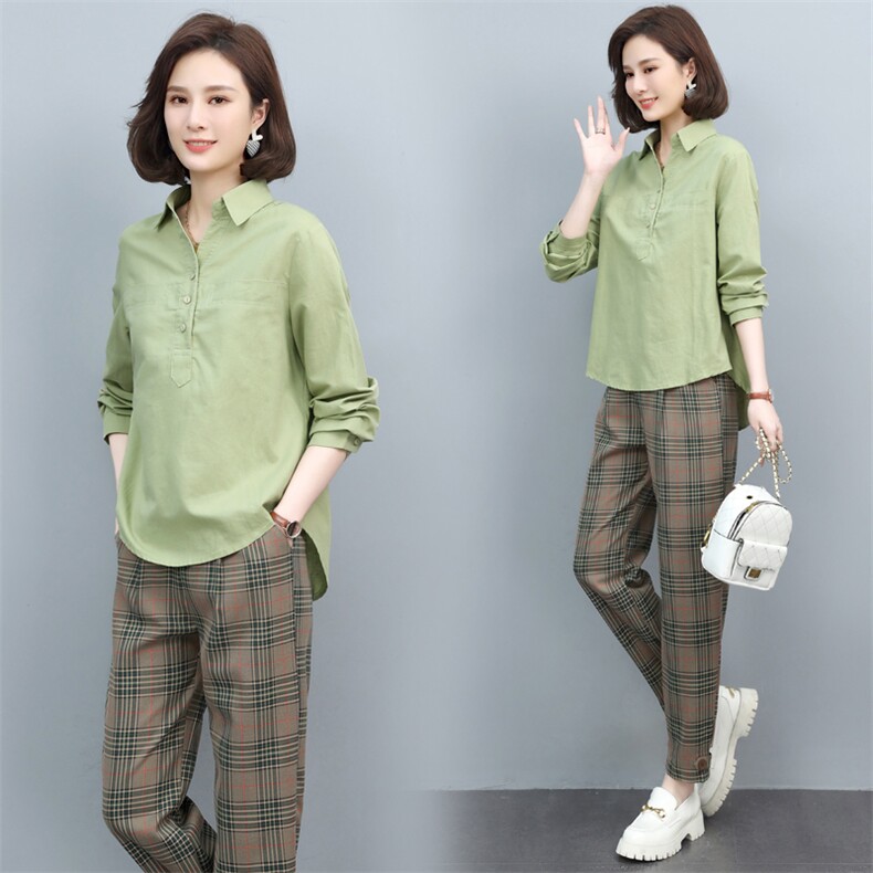长期现货，格子衬衫女套装新款韩版春秋显瘦百搭休闲裤两件套,女装套装/套裙,涵誉