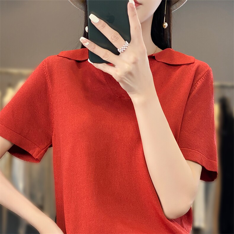 冰丝短袖T恤女2025新款气质时尚减龄针织体恤衫海军领短款薄上衣,女装T恤,思牵羊绒