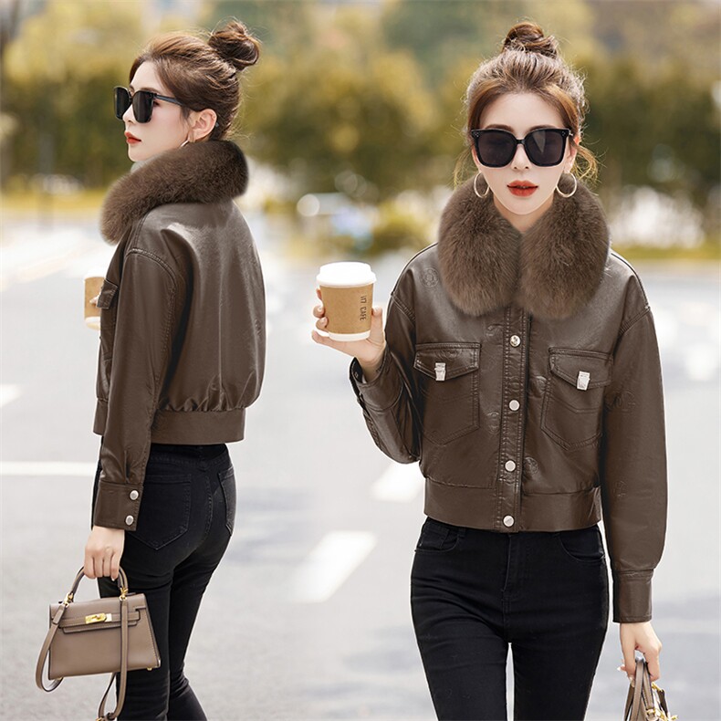 2025年冬季现货加绒保暖休闲时尚皮毛外套（毛领可脱卸），女装皮衣，臻衣坊
