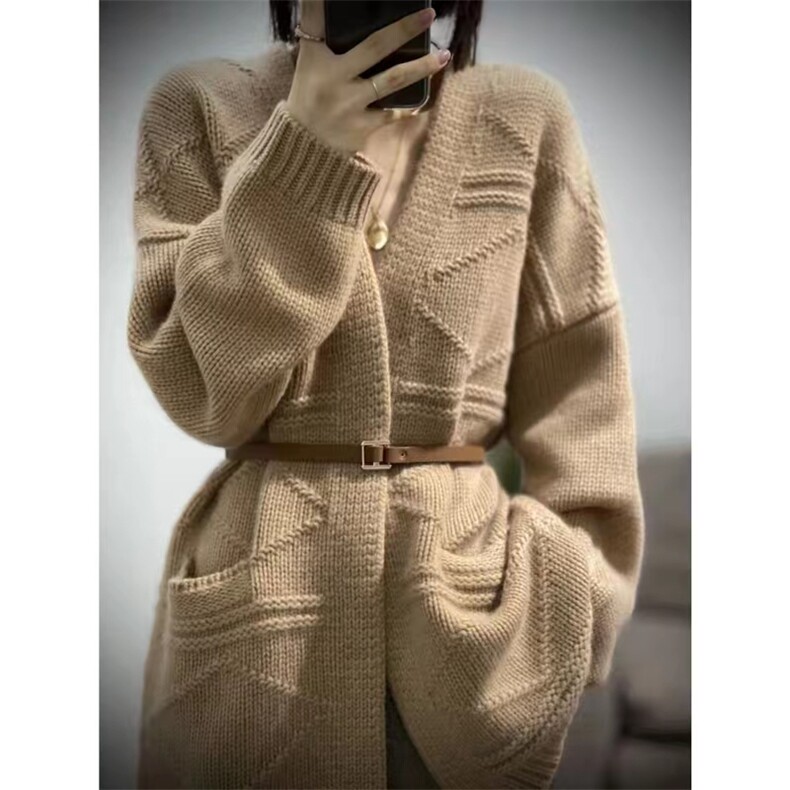 女士秋季新款时尚简约百搭宽松菱形大衣外套,针织衫/毛衣,悦玛羊绒
