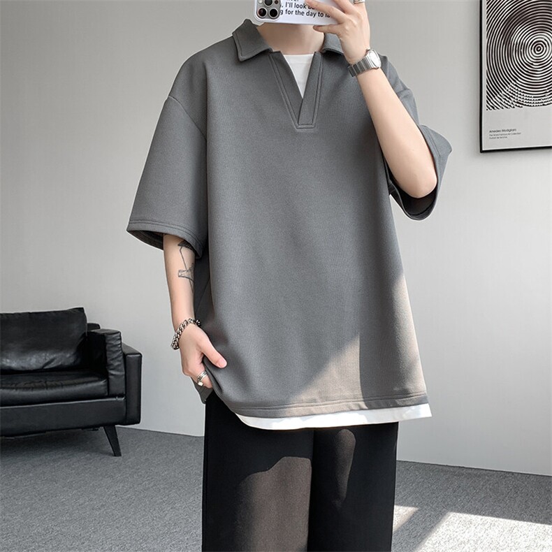 8XL-M假两件V领短袖t恤男夏翻领半袖宽松重磅华夫格大码DT001P40图片