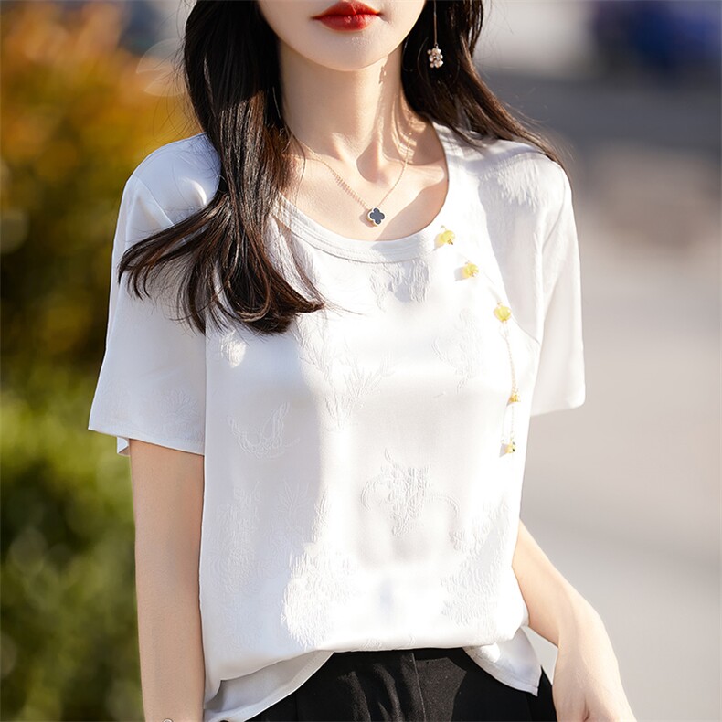 新中式国风短袖T恤女2025夏季圆领缎面提花衬衫上衣气质显瘦t恤衫,女装T恤,佳绒高端店
