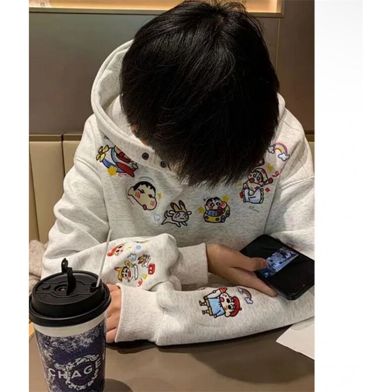 刺绣卡通小新连帽纽扣卫衣秋冬男女款宽松百搭情侣外套~Y323,女装短外套,星座601-1