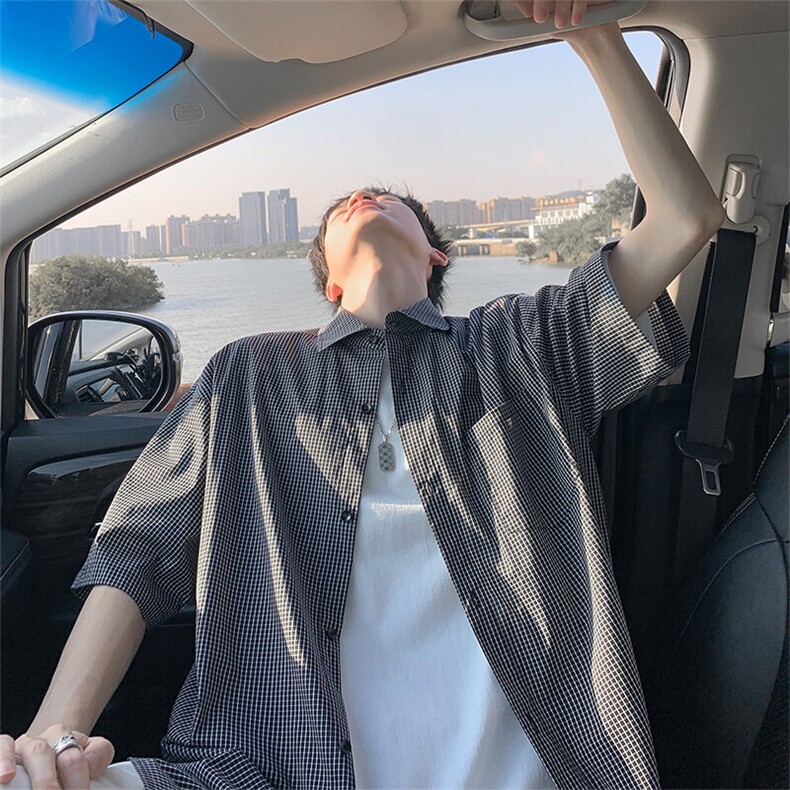 格子短袖衬衫5X1029-TP4579男女可穿日系休闲百搭衬衫上衣,男装衬衫,电商A102