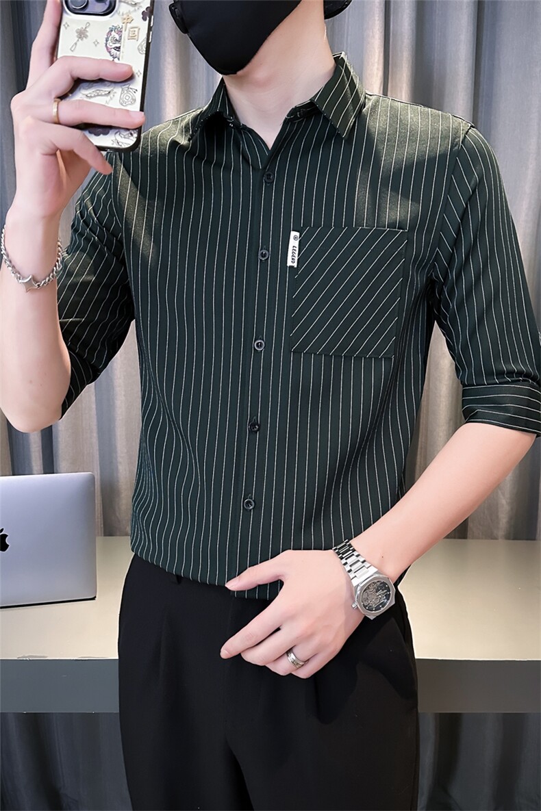 夏季男士七分袖条纹衬衫男休闲修身休闲衬衣A236-C660-P55,男装衬衫,电商A236