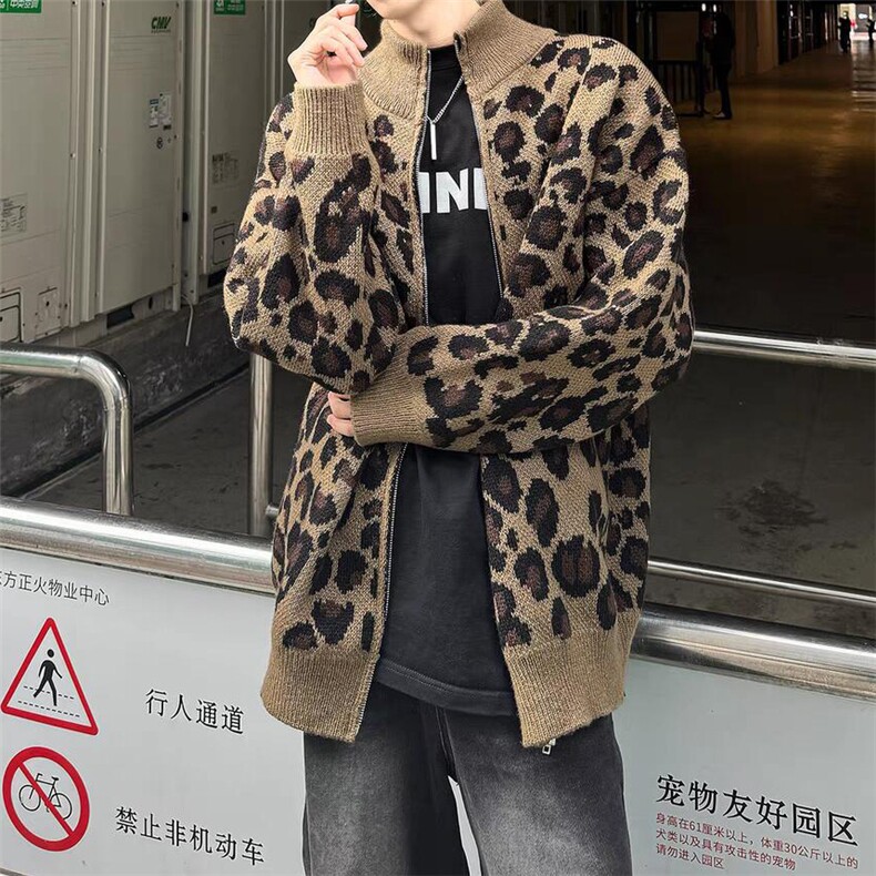 美式复古豹纹针织开衫秋冬季宽松慵懒风设计感上衣外套,男装针织衫/毛衣,星座1018A