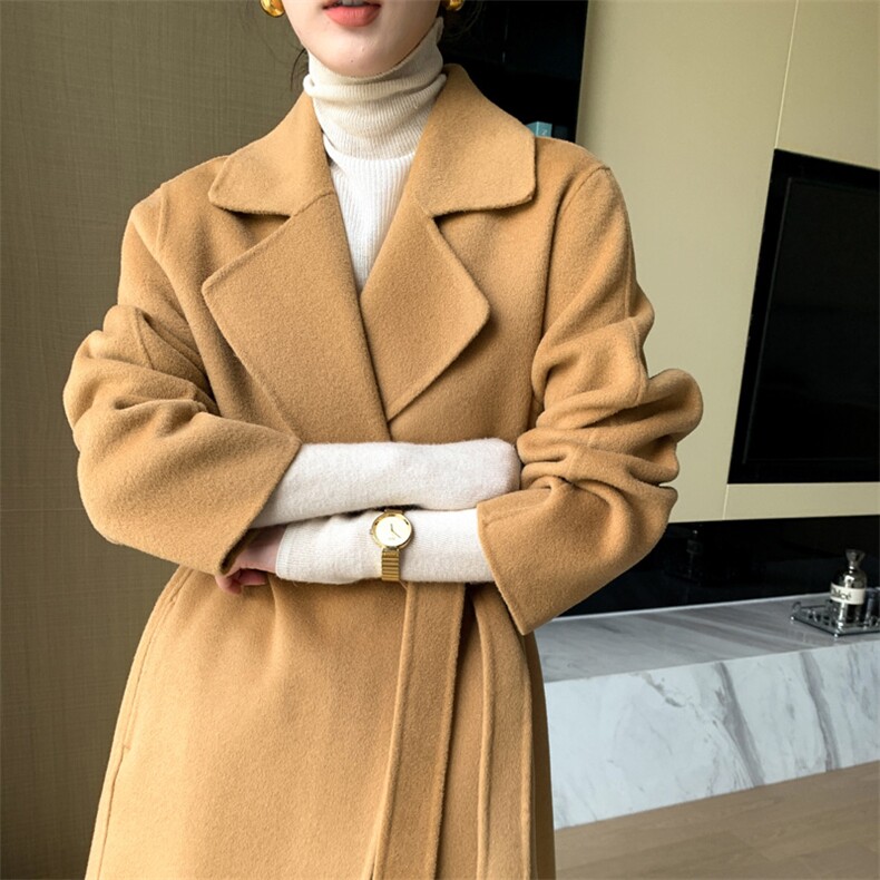 2025秋冬新款西装领系带纯羊毛长款毛呢外套女赫本风双面羊绒大衣,女装双面呢大衣,赛欧妮