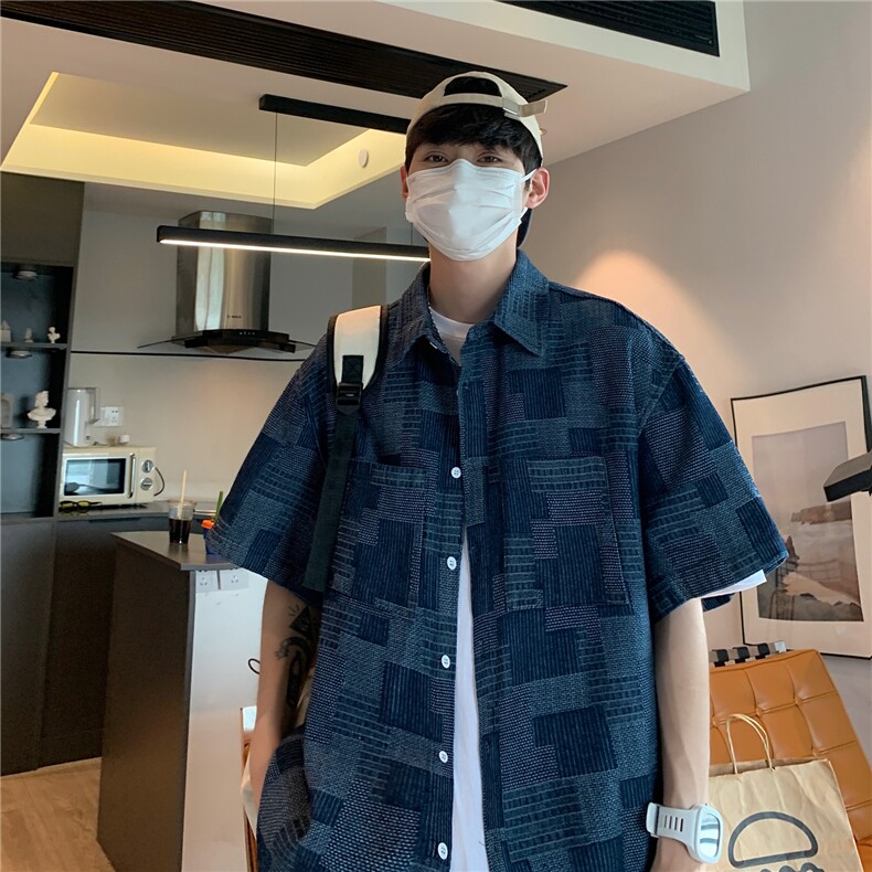 抖音品质夏季格子大码宽松牛仔衬衫复古短袖衬衣外套CS011-P50,男装衬衫,电商A042