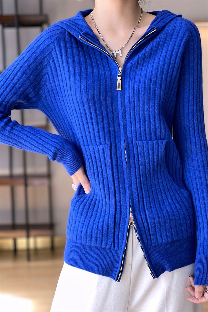 拉链羊毛衫女开衫纯色连帽条纹坑条秋季新款纯色女长袖,女装羊毛衫,佑昭祥羊绒