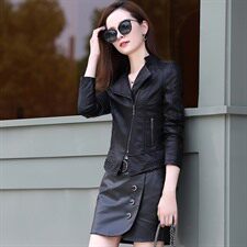 潮流拼接休闲时尚纯色2021年秋季皮衣立领拉链，女装皮衣，阿菲诺依