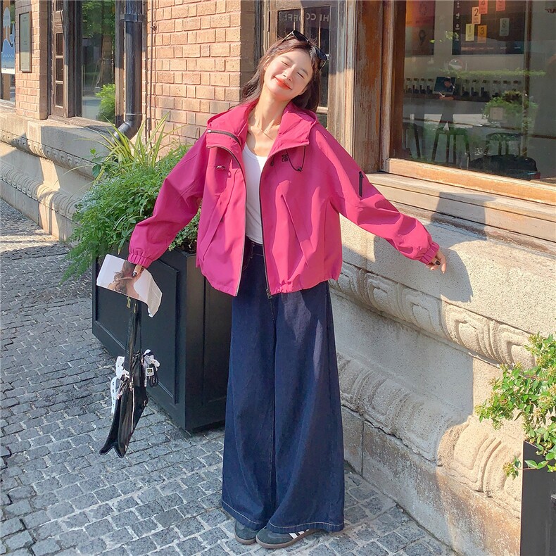 玫红色连帽拉链抽绳冲锋衣外套女2025年春秋季新款高级感夹克上衣,女装短外套,2C306