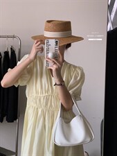 法式方领泡泡袖连衣裙夏季设计感小众温柔高级感初恋茶歇裙子，女装连衣裙，香丽迪1