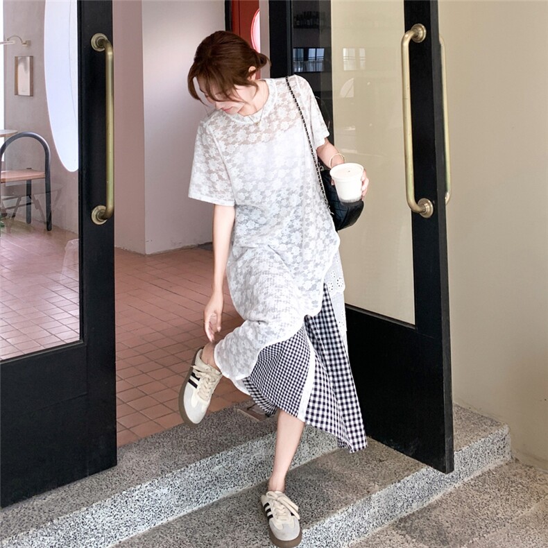 韩版白色罩衫格纹拼接半身裙套装女2025夏季新款慵懒风休闲两件套,女装套装/套裙,2B237