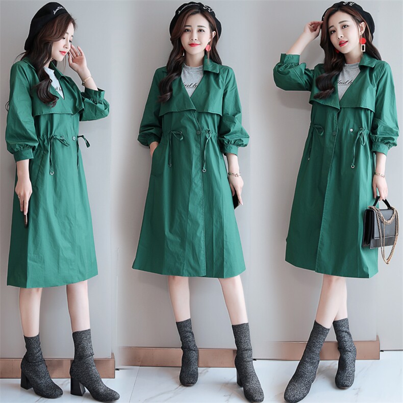 POLO领系带纯色棉风衣2021年秋季长袖中长款直筒韩版百搭舒适，女装连衣裙，瑶迪依秀