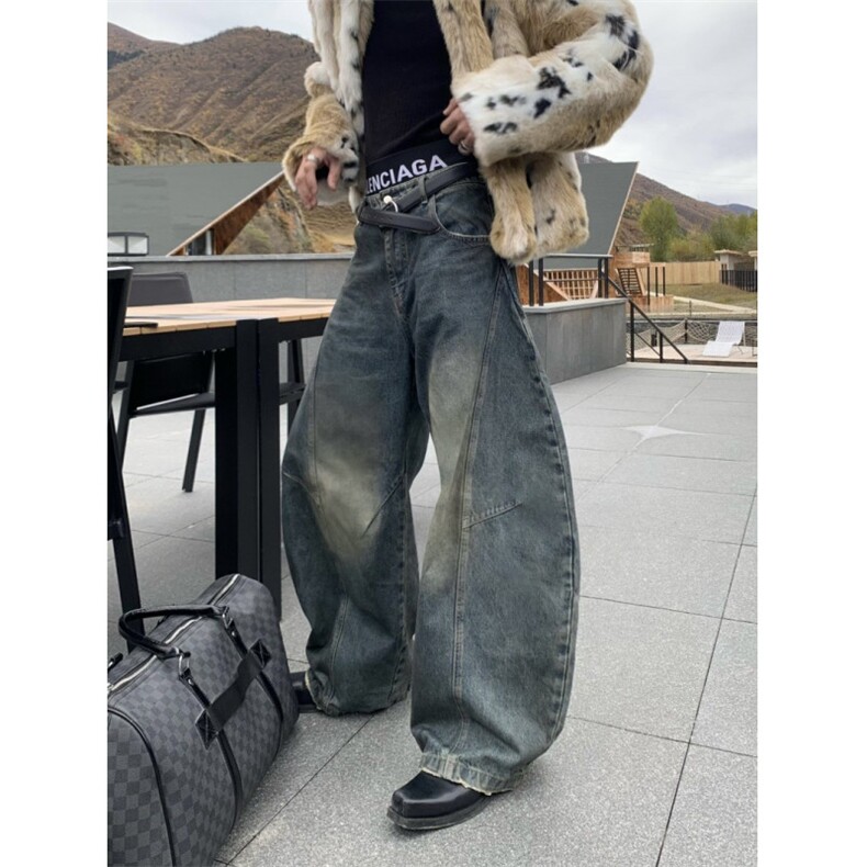 美式复古做旧水洗牛仔裤男小众高街泥染宽松喇叭A132-P55图片