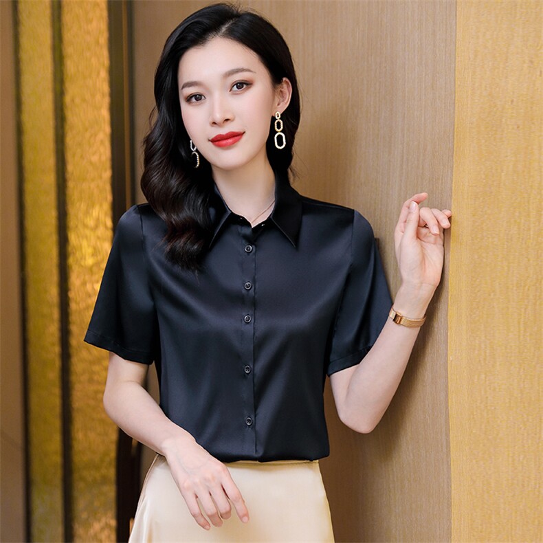 重磅真丝衬衫女短袖小衫纯色桑蚕丝上衣衬衣宽松夏季中年妈妈女装,女装衬衫,阿舍尔精品