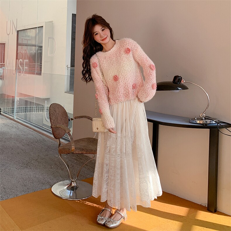 2025春秋立体花朵毛衣蕾丝半身裙两件套2C133-8901-P145-K198,女装套装/套裙,2C133