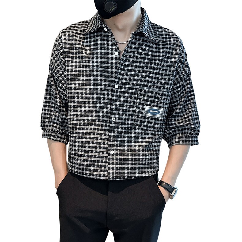 社会小伙2025春季新品衬衫男士格子衬衫七分袖打底衫901C02P58,男装衬衫,星座901
