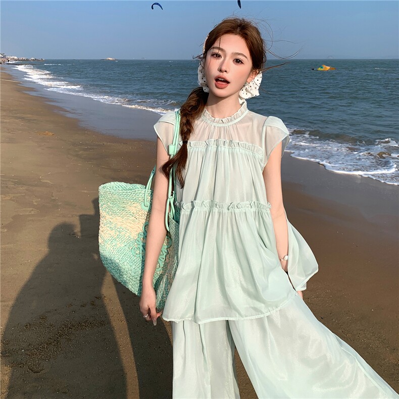水衣源2729款纯色木耳边荷叶袖A字小衫阔腿裤冰爽套装女夏,女装套装/套裙,衣秀之家
