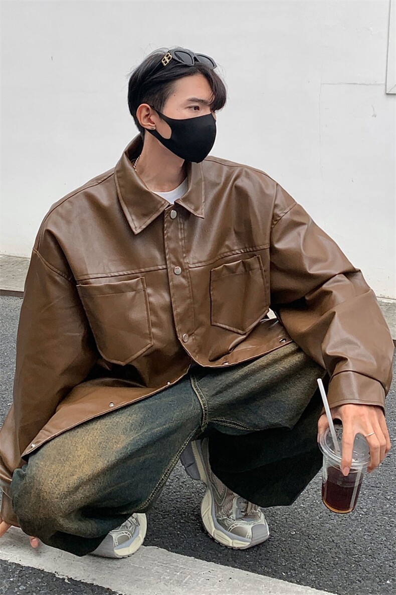 港风翻领pu皮面料皮衣男潮流休闲宽松皮衣外套男77107P78控108,男装皮衣,星座227-7