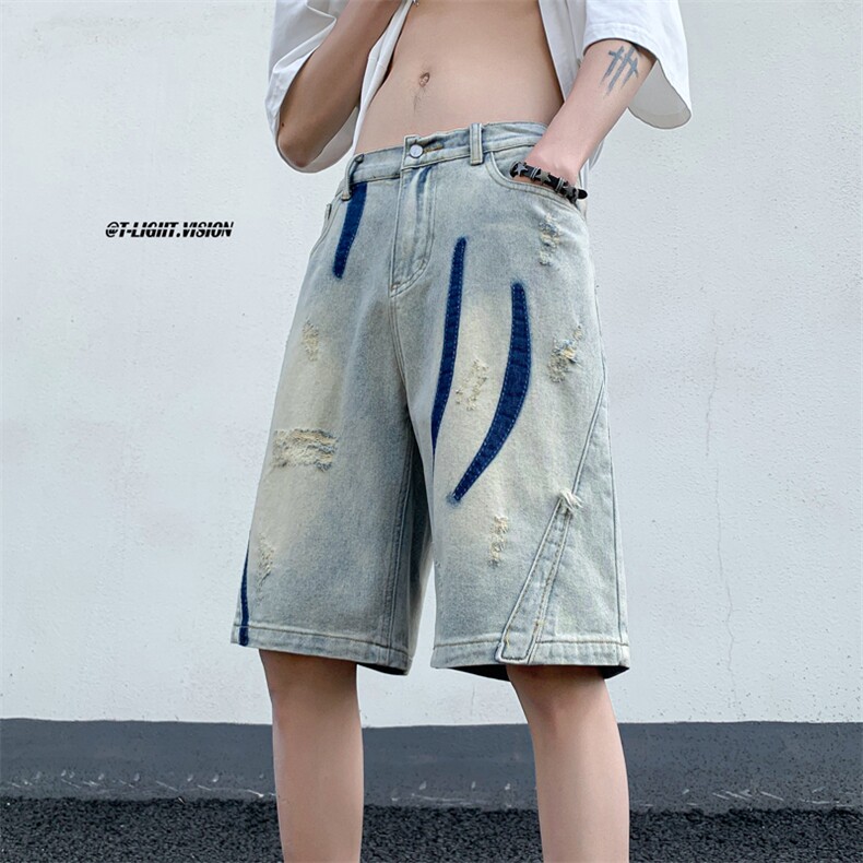 B221美式ins高街暗黑小众情侣款休闲牛仔短裤LK23090-P55控78,男装牛仔裤,电商B221