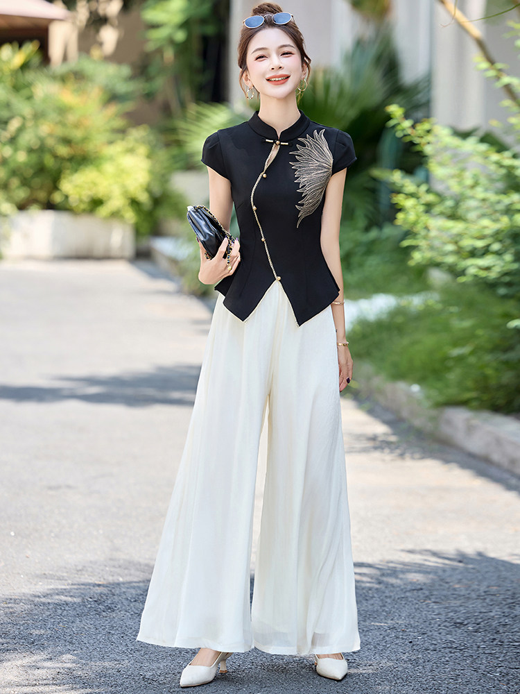 中式国风时尚流行刺绣套装女2025夏日巨好看的唐装阔腿裙裤两件套,女装套装/套裙,玖莱伊
