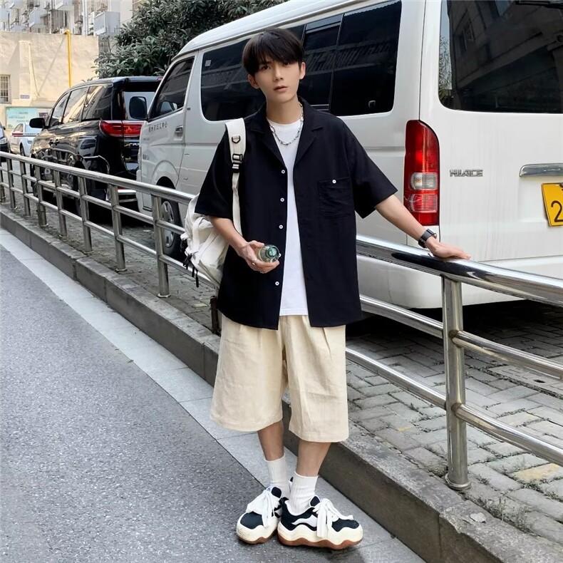 潮衬衫夏季方领新款青春流行简约纯色原宿日系潮流宽松型C310P34,男装衬衫,星座1116-2