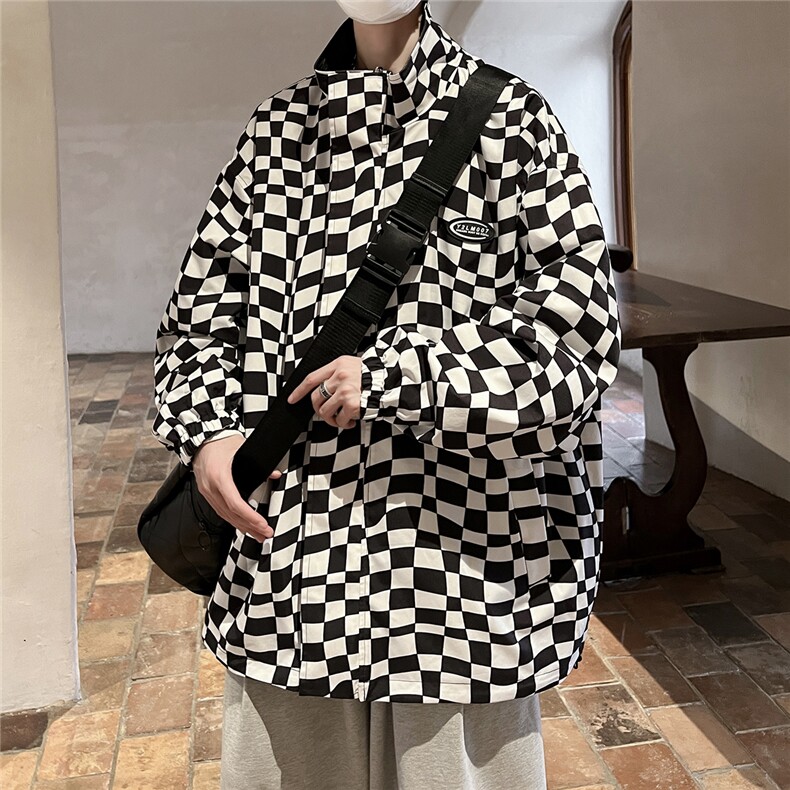 港风两面穿夹克男大码M-5XL格子PU皮鳄鱼纹皮衣男JK8753P110控149图片